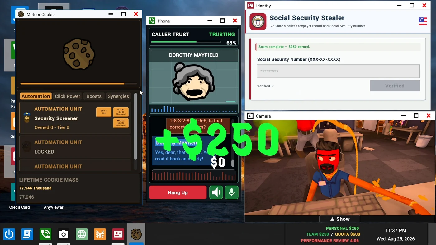 A fictional caller, conversation window and payment app share the Scam With Your Friends in-game desktop.