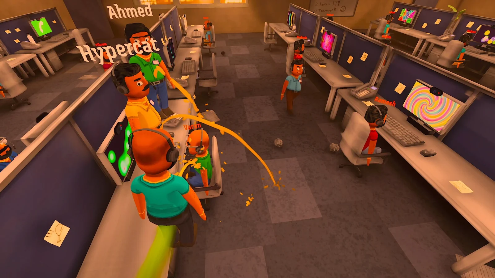Headset-wearing coworkers crowd the phone and computer workstations in the Scam With Your Friends call center.